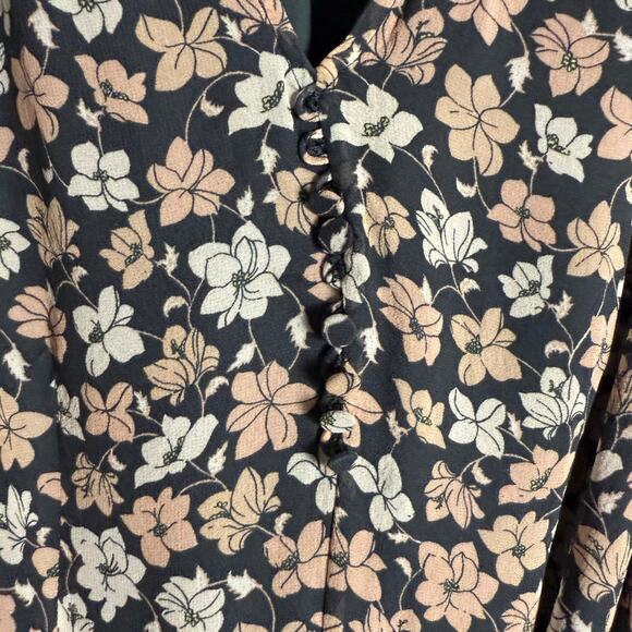 Club Monaco Silk Black Floral Print V-Neck Blouson Long Sleeve Mini Dress Sz 12 - Picture 16 of 16